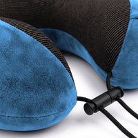 Lake blue | U-Shaped Memory Foam Airplane Neck Pillow, close-up of velvet cover, mesh and cord lock