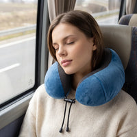 Lake blue | U-Shaped Memory Foam Airplane Neck Pillow, woman napping on a bus