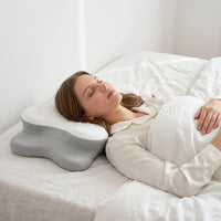 Light Grey | Cooling Memory Foam Pillow (66×40 cm), woman sleeping on her back in a bright bedroom