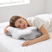 Light Grey | Cooling Memory Foam Pillow (66×40 cm), woman sleeping on her stomach hugging the pillow