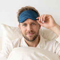 Petrol Blue | Soft Silk Blackout Sleep Mask, worn, forehead