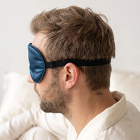 Petrol Blue | Soft Silk Blackout Sleep Mask, worn, strap