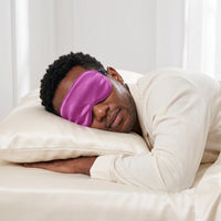 Orchid Purple | Soft Silk Blackout Sleep Mask, worn, stomach sleep