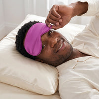 Orchid Purple | Soft Silk Blackout Sleep Mask, worn, peeking