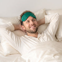 Emerald | Soft Silk Blackout Sleep Mask, worn, forehead lying