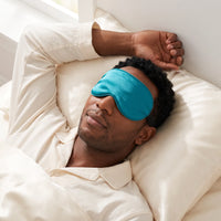 Peacock Teal | Soft Silk Blackout Sleep Mask, worn, back sleep arm up
