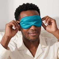 Peacock Teal | Soft Silk Blackout Sleep Mask, worn, adjusting mask