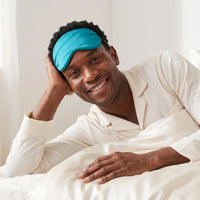 Peacock Teal | Soft Silk Blackout Sleep Mask, worn, elbow forehead