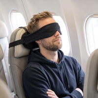 Normal Set | Blackout Sleep Mask & Neck Pillow Travel Set, man on plane