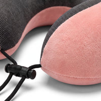Pink | U-Shaped Memory Foam Airplane Neck Pillow, close-up of velvet cover, mesh and cord lock