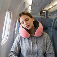 Pink | U-Shaped Memory Foam Airplane Neck Pillow, woman sleeping on a plane