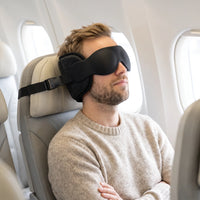 Upgrade Set | Blackout Sleep Mask & Neck Pillow Travel Set, worn, man asleep plane
