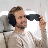 Upgrade Set | Blackout Sleep Mask & Neck Pillow Travel Set, worn, man putting on