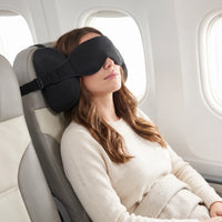 Upgrade Set | Blackout Sleep Mask & Neck Pillow Travel Set, worn, woman asleep plane