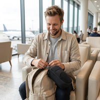 Upgrade Set | Blackout Sleep Mask & Neck Pillow Travel Set, worn, man case backpack
