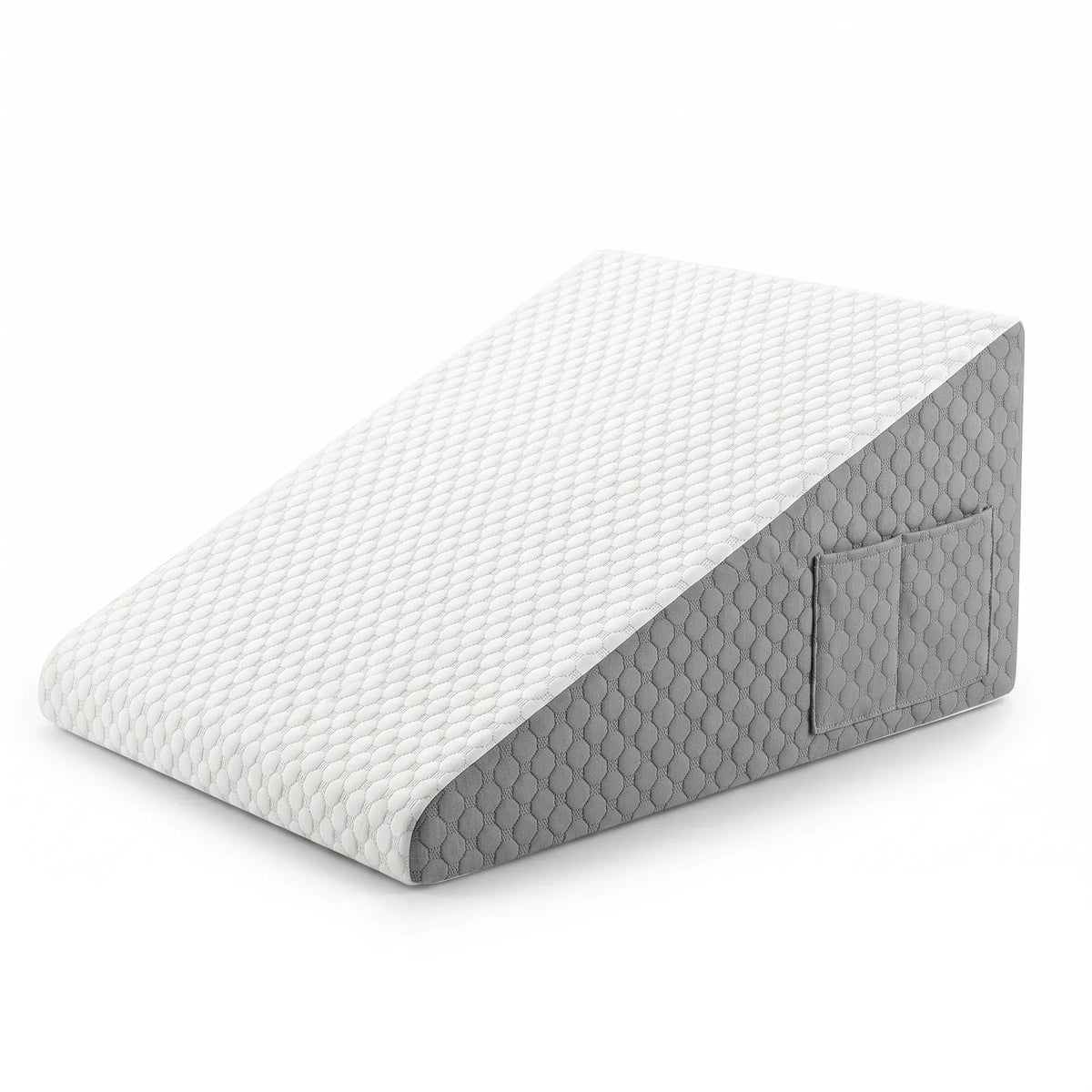 White and Gray | Foam Wedge Pillow for Elevated Sleeping, three-quarter view with side pocket