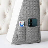 White and Gray | Foam Wedge Pillow for Elevated Sleeping, upright, pocket holding a remote and a phone