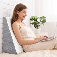 White and Gray | Foam Wedge Pillow for Elevated Sleeping, woman using a laptop propped on the wedge