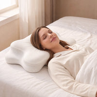 WHITE | Cooling Memory Foam Pillow (66×40 cm), woman sleeping on her back