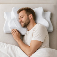 WHITE | Cooling Memory Foam Pillow (66×40 cm), man sleeping on his side hugging the pillow